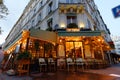 View of typical Parisian cafe Le Corner St . Germain . It is located on famous Saint Germain boulevard in Paris, France.