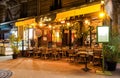 View of typical Parisian restaurant Le Parvis located near Notre Dame cathedral in Paris, France.