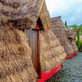 view of typical traditional house in Santana made of straw, Madeira, Portugal, Atlantic ocean