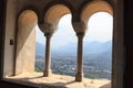 View from Tyrol Castle towards Merano cityscape panorama, South Tyrol