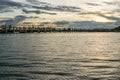 View of U-Bein bridge, built of teak wood, during sunset, in Taungthaman Lake near Mandalay, Burma