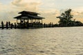 View of U-Bein bridge, built of teak wood, during sunset, in Taungthaman Lake near Mandalay, Burma