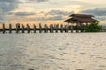 View of U-Bein bridge, built of teak wood, during sunset, in Taungthaman Lake near Mandalay, Burma