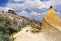 View of Uchisar and Uchisar fortress from pigeon valley. Cappadocia, Turkey Royalty Free Stock Photo