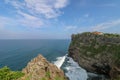 View of Uluwatu cliff with pavilion and blue sea in Bali, Indonesia. Beautiful scenery of Pura Luhur Uluwatu Temple with colorful Royalty Free Stock Photo