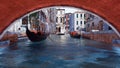 View from under bridge to water canal in Venice