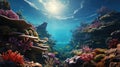View from under the water to the sea with the underwater world of fish and corrals