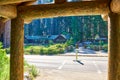 Sequoia National Park museum visitors center and bus stop viewed from under wooden structure