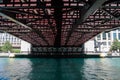 Beneath a chicago bridge on a bright sunny day