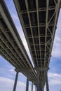 View Underneath a Large Bridge Highway on a Sunny Day with Blue Sky