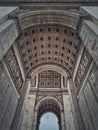 View underneath triumphal Arch Arc de triomphe in Paris, France. Architectural details of the famous historic landmark Royalty Free Stock Photo