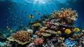 view of underwater coral reef in deep blue ocean with colorful fish. AI generated image Royalty Free Stock Photo