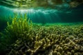 View from underwater of a section of seafloor with green seagrass