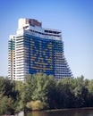 View of the unfinished hotel Parus in the Dnipro