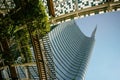 View of the Unicredit skyscraper tower complex with a green decorative plants on the roof, Piazza Gae Aulenti