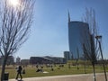 View of the Unicredit Tower seen from Parco degli Alberi. Milan Italy