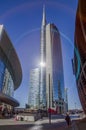 View of the Unicredit Tower seen from Piazza Gae Aulenti, Milan, Italy