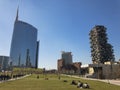 View of the Unicredit Tower and the Vertical Forest seen from Parco degli Alberi. Milan Italy Royalty Free Stock Photo