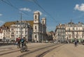 View of unidentified people on a street in Besancon, France