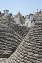 View on the unique limestone roofs of the cone-shaped houses in Alberobello, Apulia, Italy.