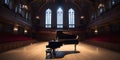 A view of a university music hall with a grand piano on t one created with generative AI