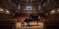 A view of a university music hall with a grand piano on t two created with generative AI
