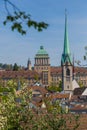 View on University of Zurich, Fraumunster Church, blue sky, bran