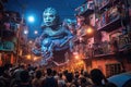 View of unknowns Hindu people walking in Thamel district Kathmandu in the evening, AI Generated Royalty Free Stock Photo