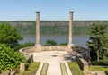 A view of Untermyer Garden`s Overlook, featuring two ancient Roman monolithic cipollino marble Royalty Free Stock Photo