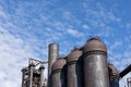 View up at Carrie Blast Furnaces of Homestead Steel Works against a brilliant blue sky, national historic landmark