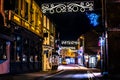 A view up Church Street in Market Harborough, UK on a winters night