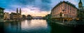 Zurich Limmat river sunset panorama Royalty Free Stock Photo