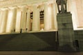 View up the lower and upper steps of the Lincoln Memorial towards the illuminated Central Chamber, National Mall, Washington DC Royalty Free Stock Photo