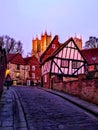 A view up Michaelgate in Lincoln City centre at Sunset with Lincoln Cathedral in the background. December 2019.