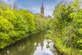 A view up the River Kelvin towards Glasgow University in Glasgow Royalty Free Stock Photo