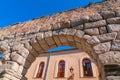 View up to arch Roman aqueduct Segovia Spain historic Spanish town Royalty Free Stock Photo