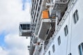View up to the bridge and the rescue boats of a large cruise ship Royalty Free Stock Photo