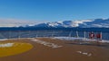 View from the upper deck of Hurtigruten cruise ship MS Trollfjord with heliport, life belt and fire hose. Royalty Free Stock Photo