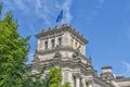 Berlin, germany, 8-8-2015 view of the upper part of the roof of the Reichstag in Berlin, with statues. at the top of the flag of t