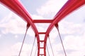 View of the upper structure of the red bridge against the blue sky