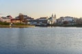 View of Upper Town and Traetskae Pradmestse or Trinity Suburb on Svisloch river bank in Minsk. Belarus Royalty Free Stock Photo