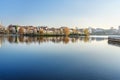 View of Upper Town and Traetskae Pradmestse or Trinity Suburb on Svisloch river bank in Minsk. Belarus Royalty Free Stock Photo