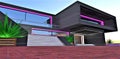 View of the upscale contemporary cottage from the pavement in the yard. Pink elements of the facade illumination. White glowing Royalty Free Stock Photo