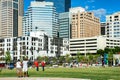 View at uptown Charlotte in daylight with people on a background