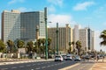 View of urban road and modern hotel buildings on background in Tel Aviv, Israel. Royalty Free Stock Photo