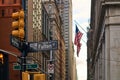 View of USA flag on Fulton Street in Lower Manhattan, NYC Royalty Free Stock Photo