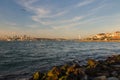 View of the Uskudar district of Istanbul from the Bosphorus at sunset. Turkey Royalty Free Stock Photo