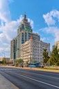 View of A.V. Lobozevs former profitable house, 1911-1912, and the high-rise modern multifunctional building of the Oruzheyny