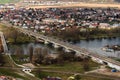 View of the Vah river and railway bridge at Trencin, Slovakia. Royalty Free Stock Photo