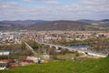 View of the Vah river and railway bridge at Trencin, Slovakia. Royalty Free Stock Photo